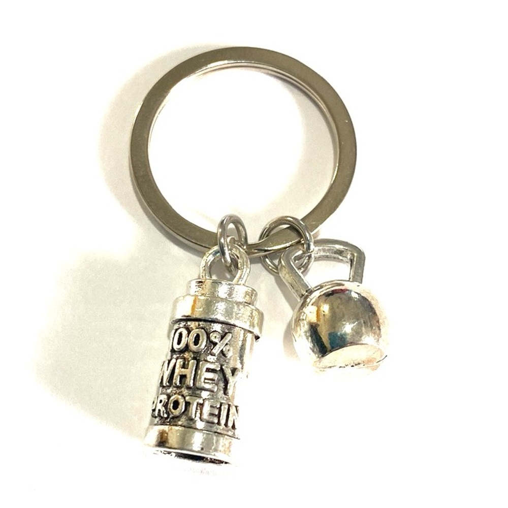 Whey Protein and Kettlebell Keychain Bodybuilder Weightlifting Personal Trainer